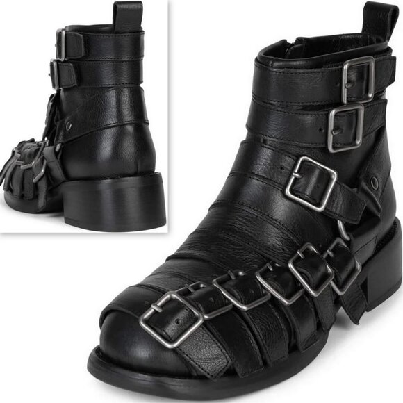 Jeffrey Campbell Belted Up Boots Women Size 5.5 Black Multi-Strap Biker Inspired - Picture 1 of 6